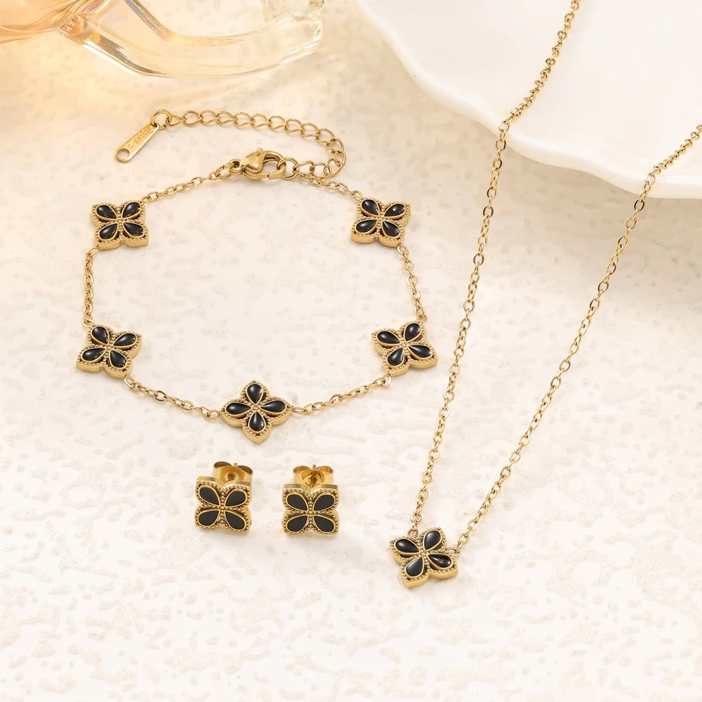 4pc fashion trend high-end feeling clover necklace earrings bracelet women's versatile flower jewelry set