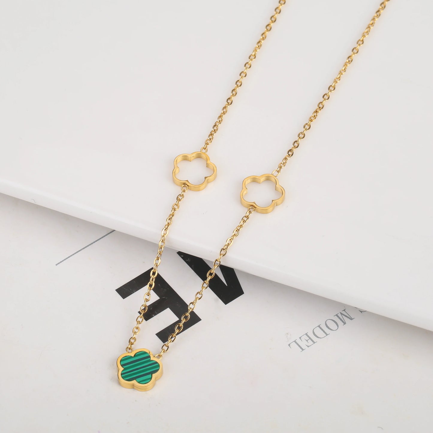 3pc New Design Single-Sided Plant Five Leaf Flower Hollow Bracelet Necklace Earring Set Stainless Steel Women's Clover