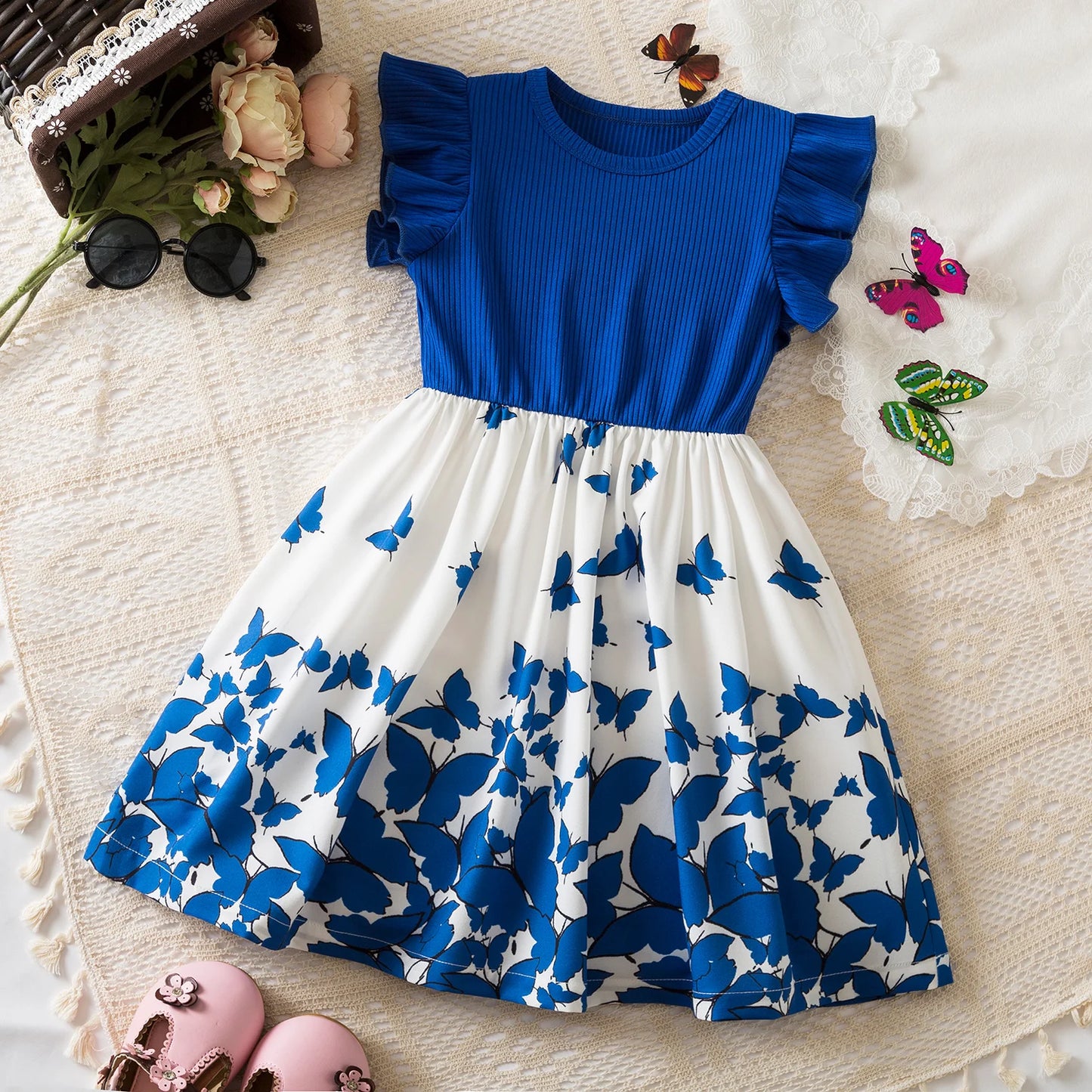 Girls Butterfly Print Princess Dress Kids Summer Ruffles Sleeve Elegant Party Clothes Children 3-8 Years Wedding Casual Dress