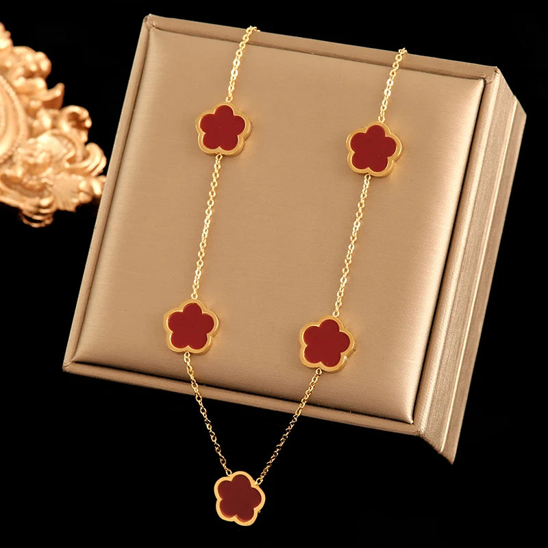 EILIECK 316L Stainless Steel Green Flower Five Clover Necklace Bracelet Earrings 18K Gold Plated Jewelry Set For Women Girl Gift