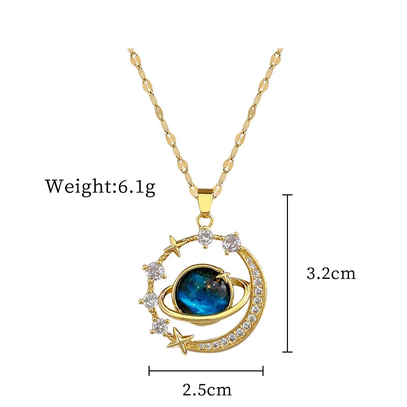 Unknown Product gold-tone necklace with blue planet pendant and clear crystals in celestial design