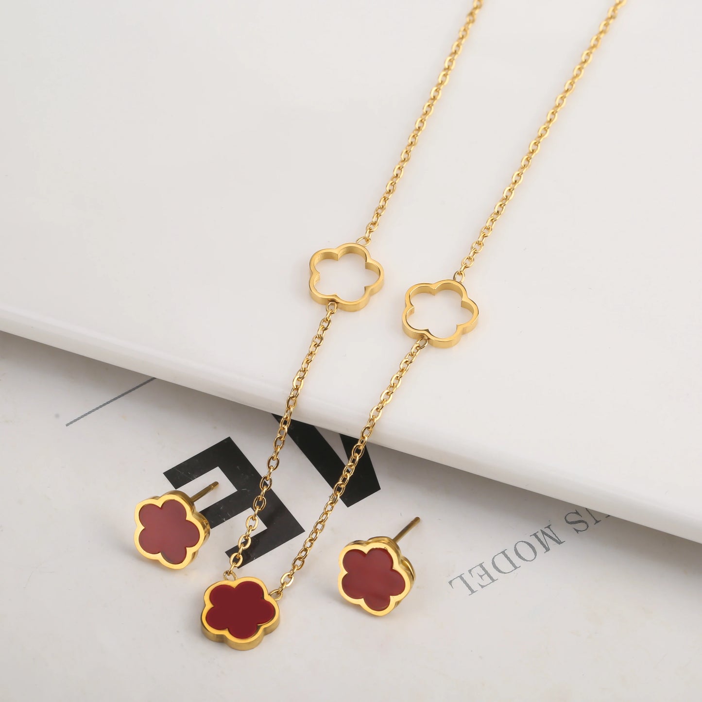 3pc New Design Single-Sided Plant Five Leaf Flower Hollow Bracelet Necklace Earring Set Stainless Steel Women's Clover
