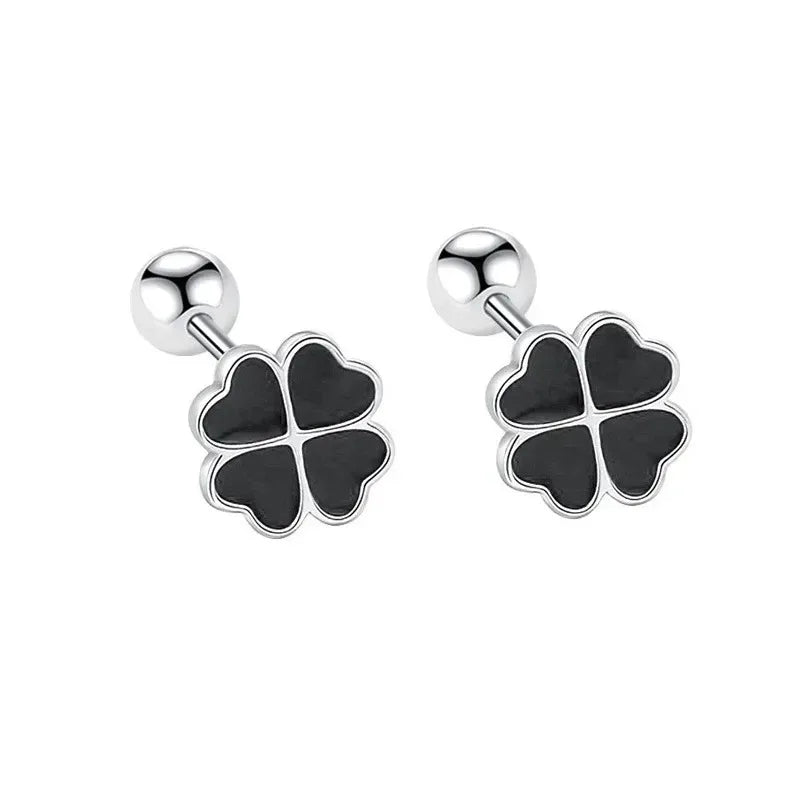 S925 Sterling Silver Chic Clover Black Zircon Flower Plant Stud Earrings for Women Fine Jewelry High Luxury Vintage Accessories