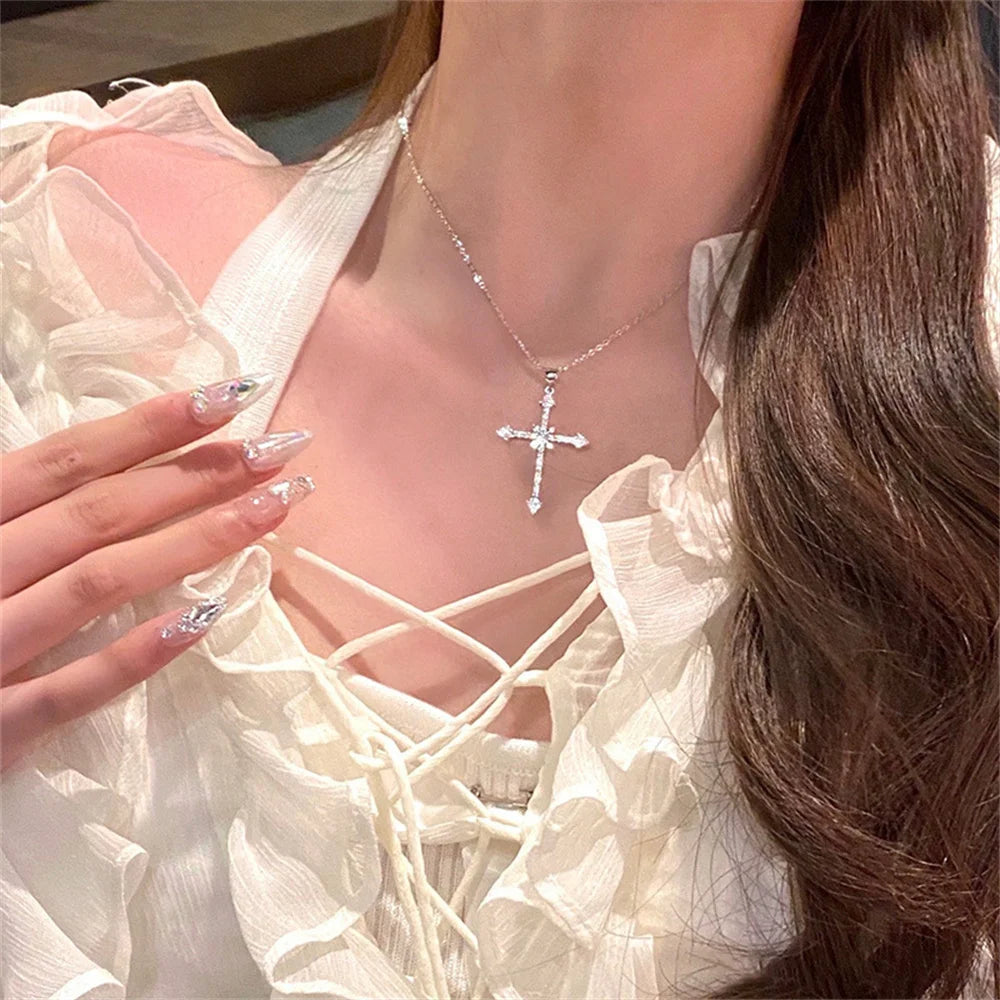 2025 Elegant Crystal Cross Pendant Necklace Silver Color Star Ladies Necklace Fashion Party Jewelry Women Gift Wholesale