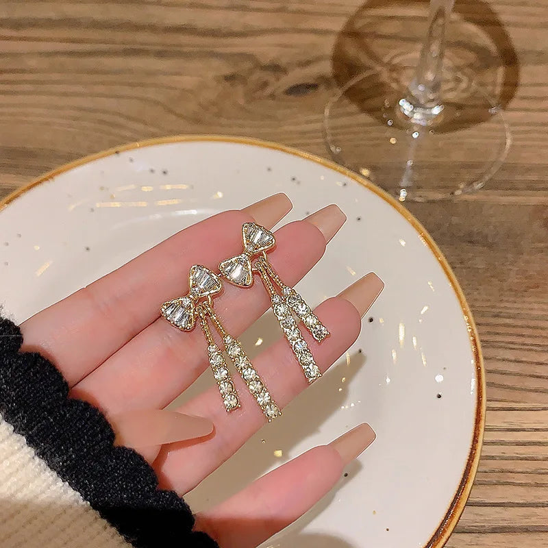 Korean jewelry niche design full diamond bow tie tassel earrings