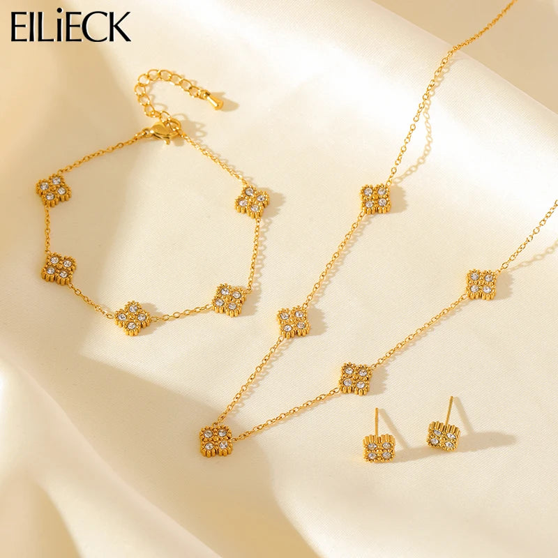 EILIECK 316L Stainless Steel Leaf Clover Zircon Necklace Earrings Bracelet Set For Women New Fashion Waterproof Jewellery Gift