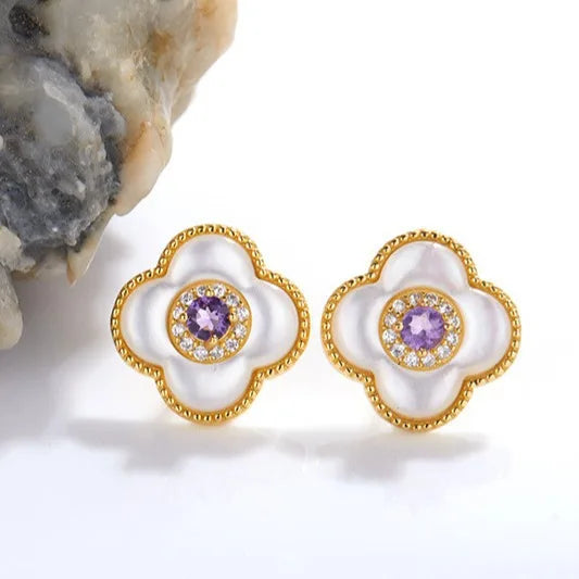 GXGlint 925 Sterling Silver Colorful Four Leaf Clover Earrings with Natural Opal and Translucent Stone Earrings for Women