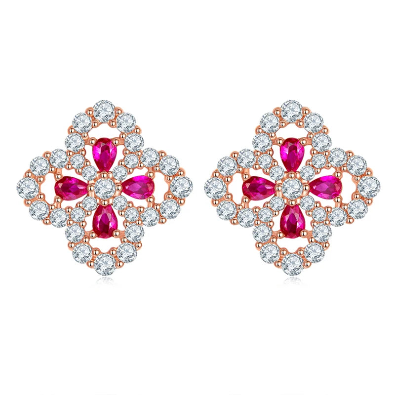 RAPRGOLD Ruby Jewelry Set Four-Leaf Clover Pendant Necklace Chains for Women S925 Sterling Silver Stud Earrings Wedding Gifts