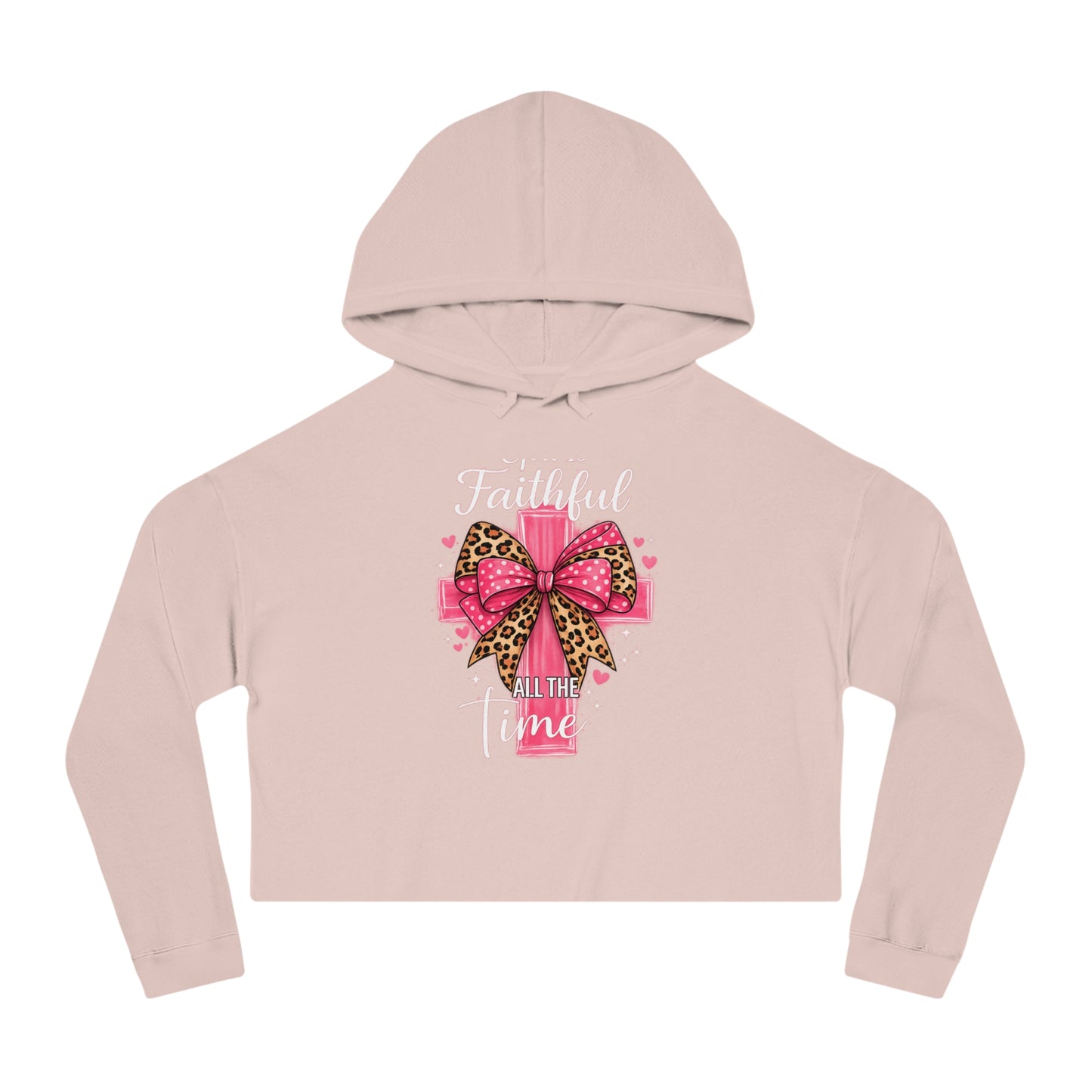 Pink cropped hoodie with a leopard print bow design on a white background