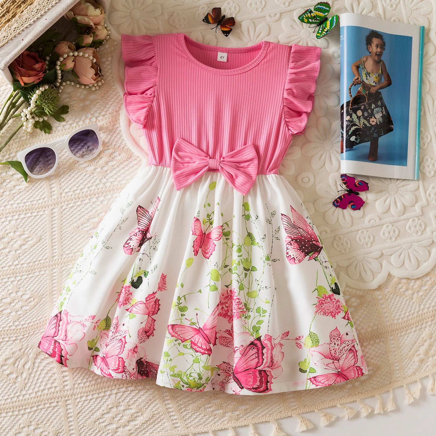 Girls Butterfly Print Princess Dress Kids Summer Ruffles Sleeve Elegant Party Clothes Children 3-8 Years Wedding Casual Dress