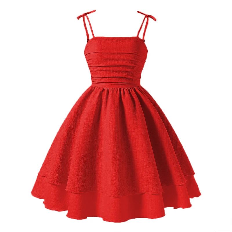 Kids Set Solid Pink Tiered Sling Princess Dress Sweet Style Tween Girls Dress Birthday Party Dating Clothes
