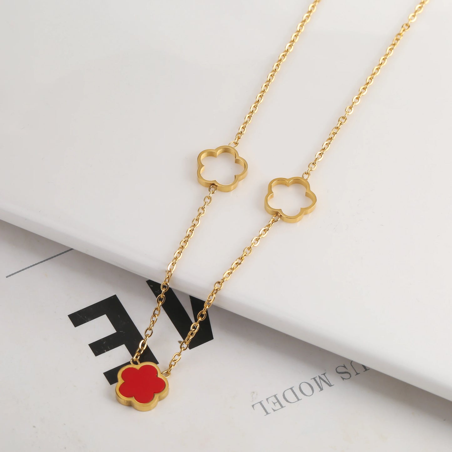 3pc New Design Single-Sided Plant Five Leaf Flower Hollow Bracelet Necklace Earring Set Stainless Steel Women's Clover