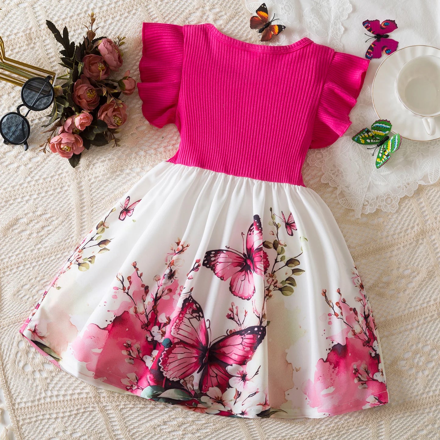 Girls Butterfly Print Princess Dress Kids Summer Ruffles Sleeve Elegant Party Clothes Children 3-8 Years Wedding Casual Dress