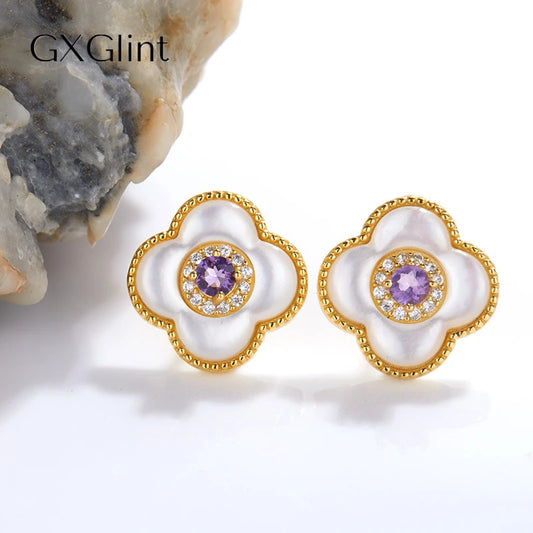 GXGlint 925 Sterling Silver Colorful Four Leaf Clover Earrings with Natural Opal and Translucent Stone Earrings for Women