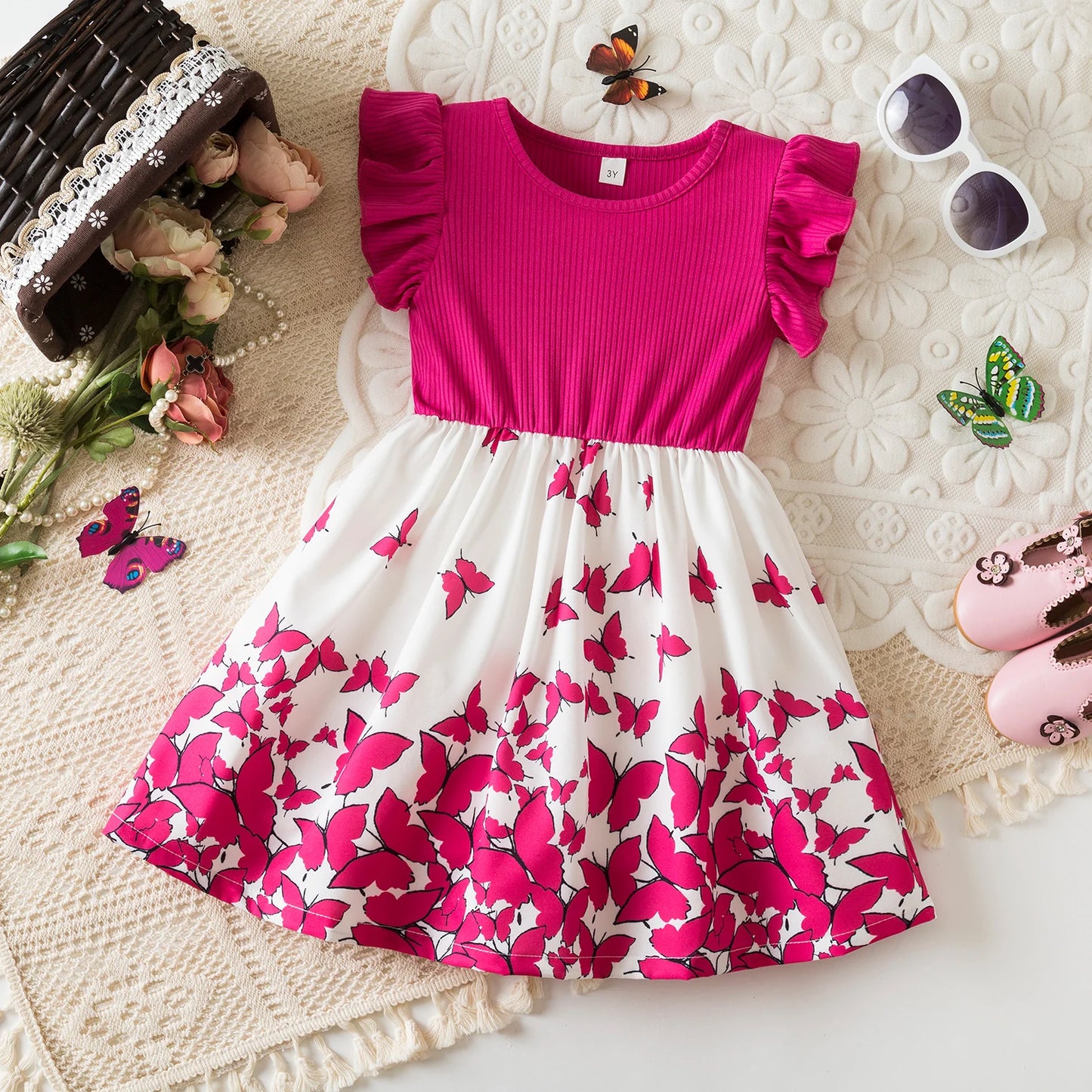 Girls Butterfly Print Princess Dress Kids Summer Ruffles Sleeve Elegant Party Clothes Children 3-8 Years Wedding Casual Dress