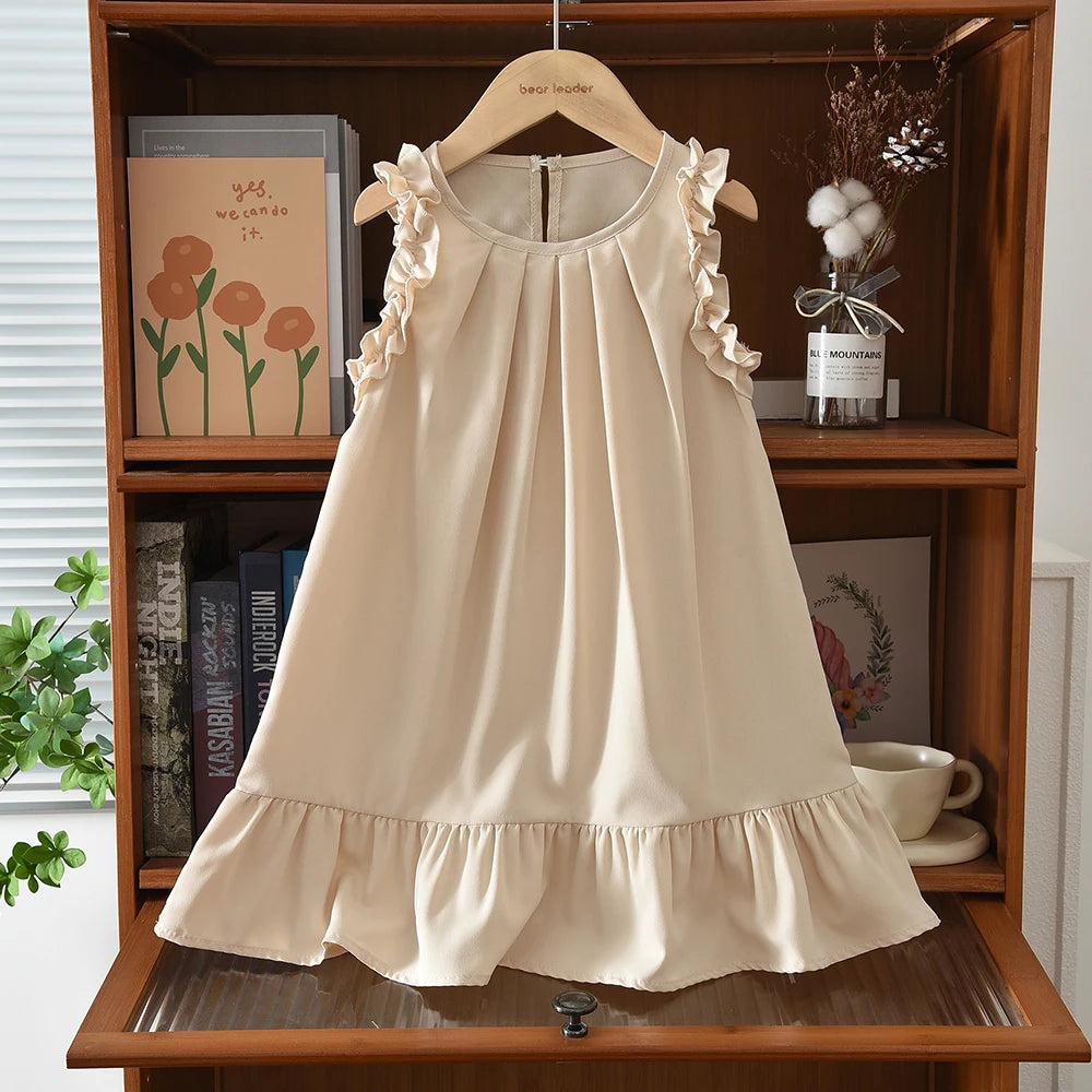 Bera Leader Korean Version Sleeveless Pleated Dress Solid Color Round Neck Children's Clothes Summer Kids Dresses for Girls Wear