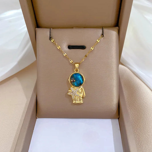Light Luxury Titanium Steel Star Astronaut Series Necklace for Women Gold Color Planet Moon Astronaut Pendants Necklaces Jewelry