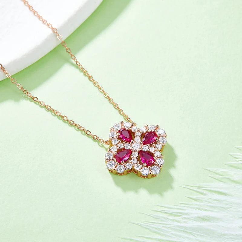 RAPRGOLD Ruby Jewelry Set Four-Leaf Clover Pendant Necklace Chains for Women S925 Sterling Silver Stud Earrings Wedding Gifts