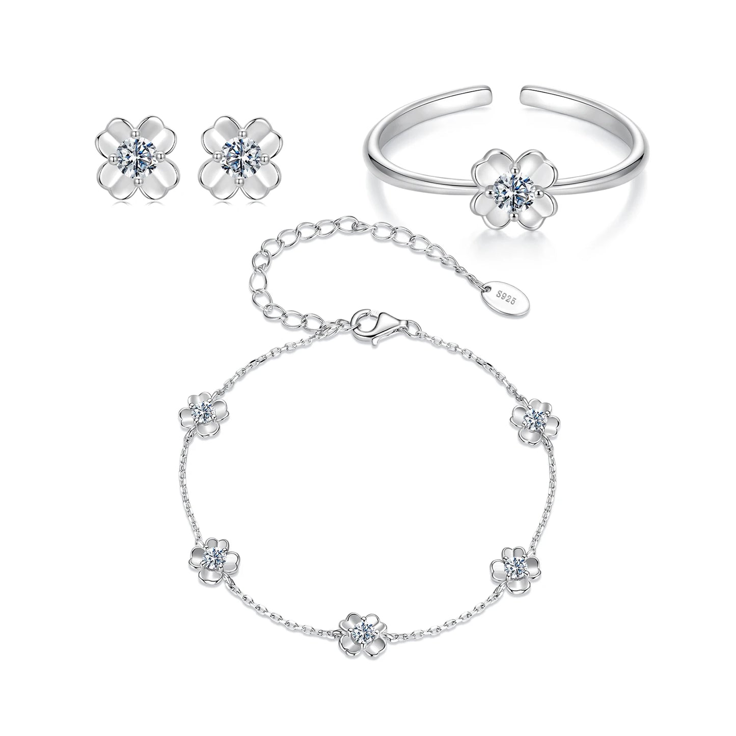 Bamoer Moissanite Jewelry Set Four Leaf Clover Ring Stud Earrings Bracelet 925 Sterling Silver for Wedding Party Jewelry Gift