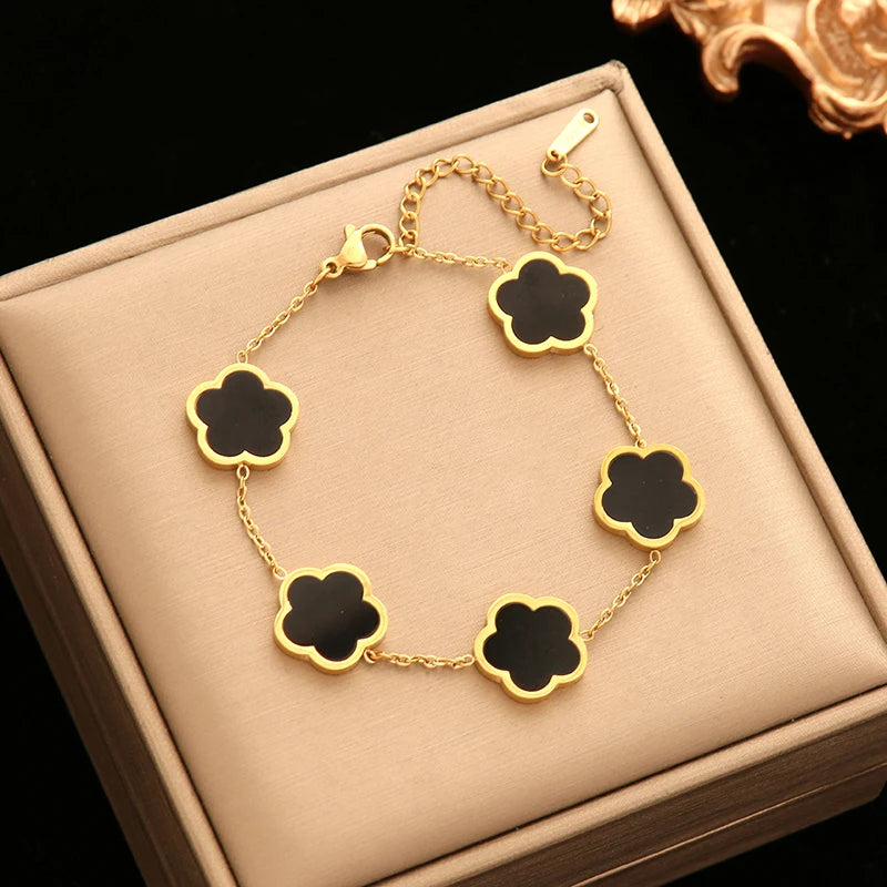 EILIECK 316L Stainless Steel Green Flower Five Clover Necklace Bracelet Earrings 18K Gold Plated Jewelry Set For Women Girl Gift