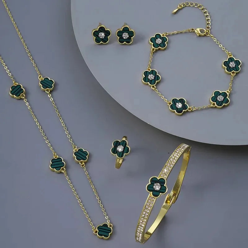 4Pcs High Quality Five Leaf Flower Botanical Jewelry Set Bracelet Necklace Earrings Bnagles Classic for Women Jewelry Clover