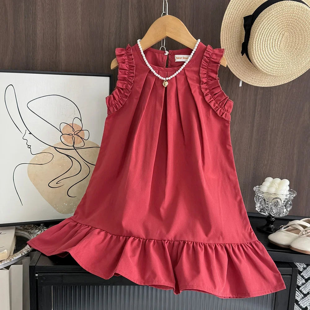 Bera Leader Korean Version Sleeveless Pleated Dress Solid Color Round Neck Children's Clothes Summer Kids Dresses for Girls Wear