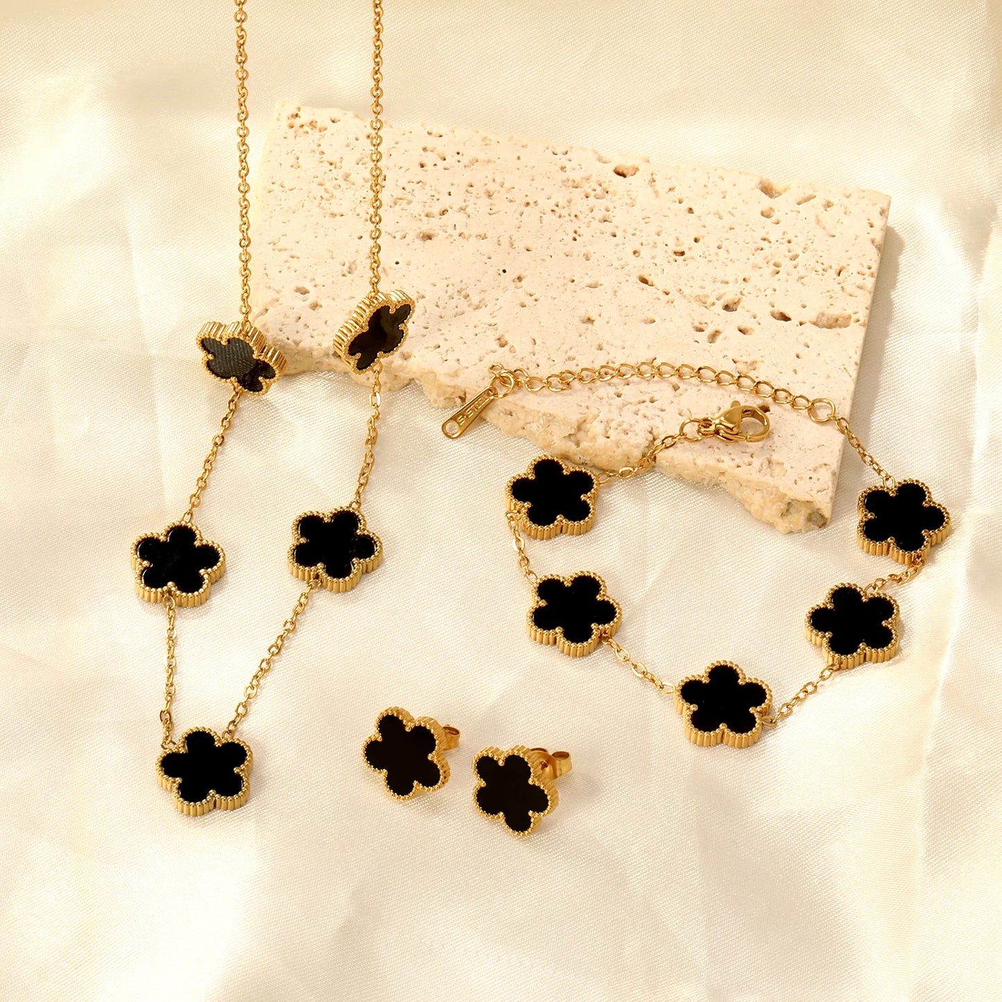 ASONSTEEL Fashion Flower Necklace Earrings Bracelet Jewelry Sets For Women Stainless Steel Shell Clover Accessories Vintage Gift