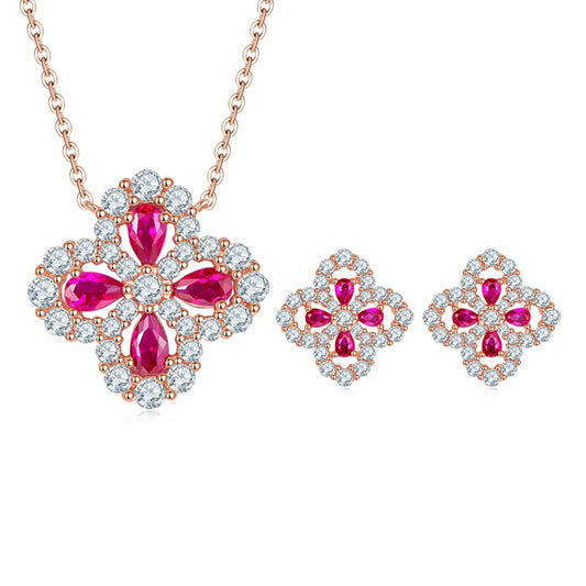 RAPRGOLD Ruby Jewelry Set Four-Leaf Clover Pendant Necklace Chains for Women S925 Sterling Silver Stud Earrings Wedding Gifts