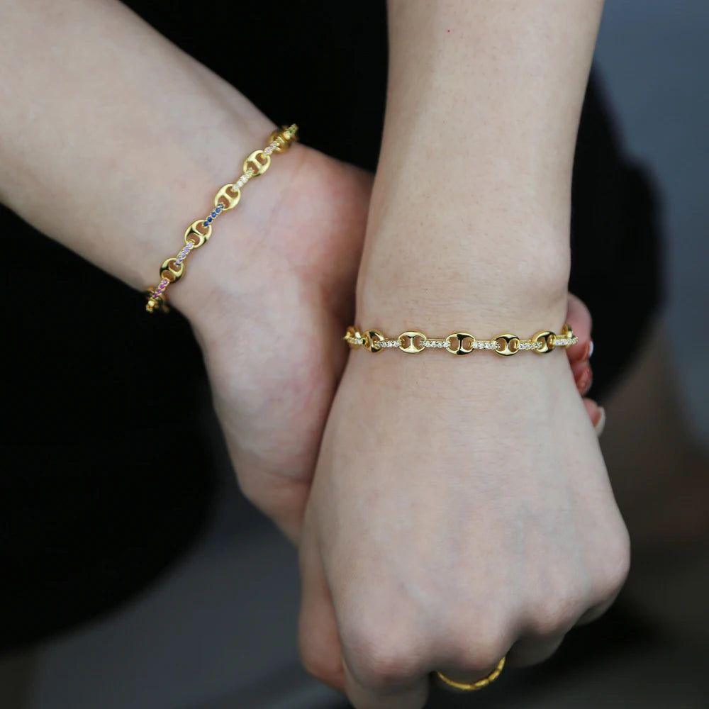 High Quality Men Women Gold Color Coffee Bean Beads Chain Bracelet with white rainbow cz paved hip hop punk jewelry