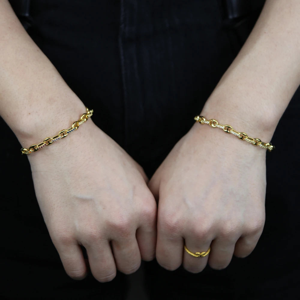High Quality Men Women Gold Color Coffee Bean Beads Chain Bracelet with white rainbow cz paved hip hop punk jewelry