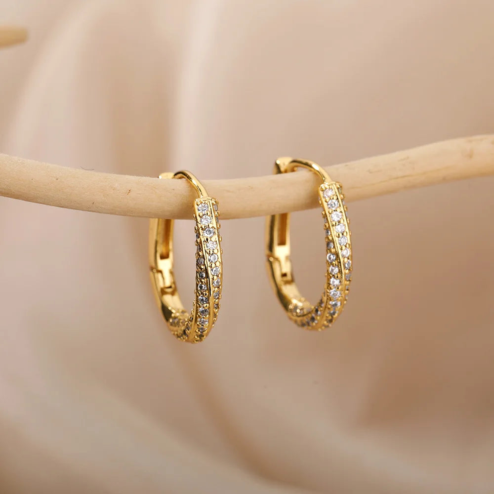 Luxruy Zircon Hoop Earrings For Women Stainless Steel Gold Color Round Hoops Earrings 2024 Trend Wedding Jewelry Freeshipping