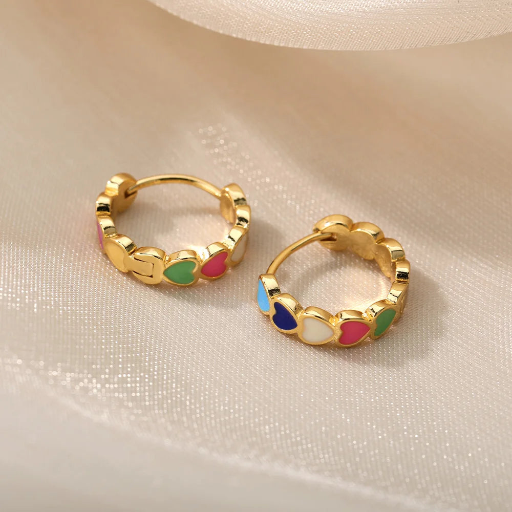 Heart Earrings For Women Girl Stainless Steel Enamel Multicolor Geometric Hoop Earring Sweet Accessory Jewelry Gift Bijoux Femme