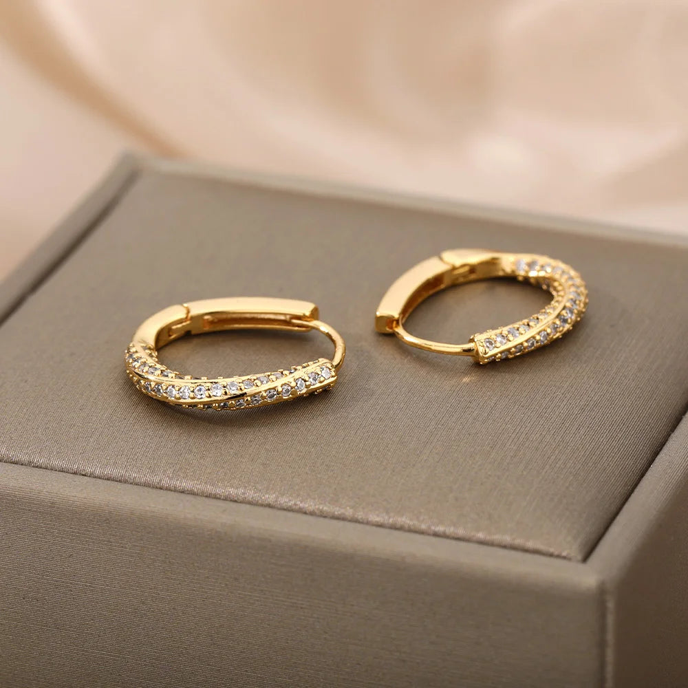 Luxruy Zircon Hoop Earrings For Women Stainless Steel Gold Color Round Hoops Earrings 2024 Trend Wedding Jewelry Freeshipping