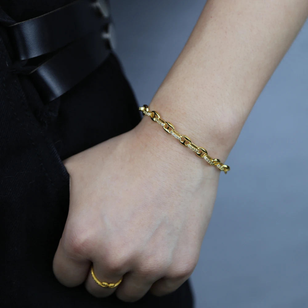 High Quality Men Women Gold Color Coffee Bean Beads Chain Bracelet with white rainbow cz paved hip hop punk jewelry