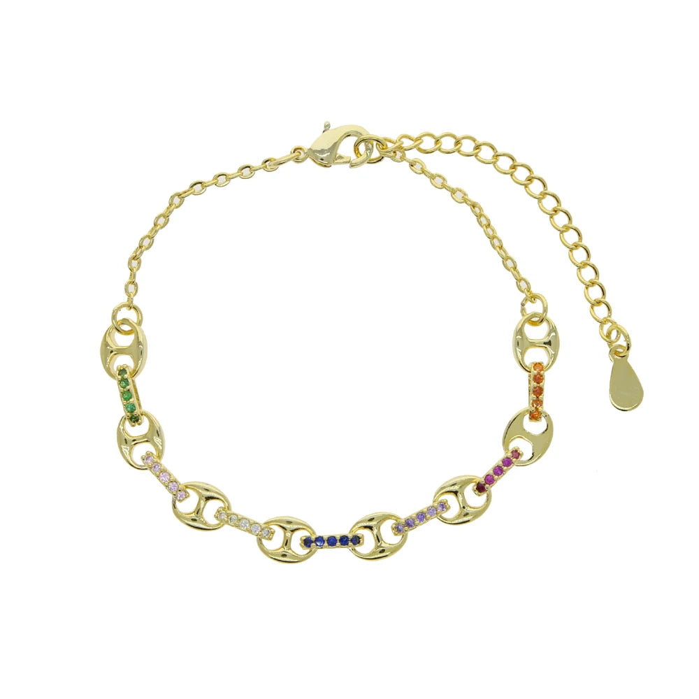 High Quality Men Women Gold Color Coffee Bean Beads Chain Bracelet with white rainbow cz paved hip hop punk jewelry