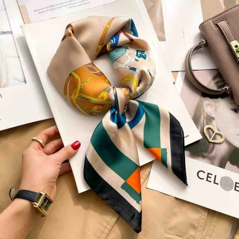 Fashion 70cm Green Print Square Silk Scarf Women Satin Neck Scarves Wrap Headkerchief Beach Hair Band Women's Bandana