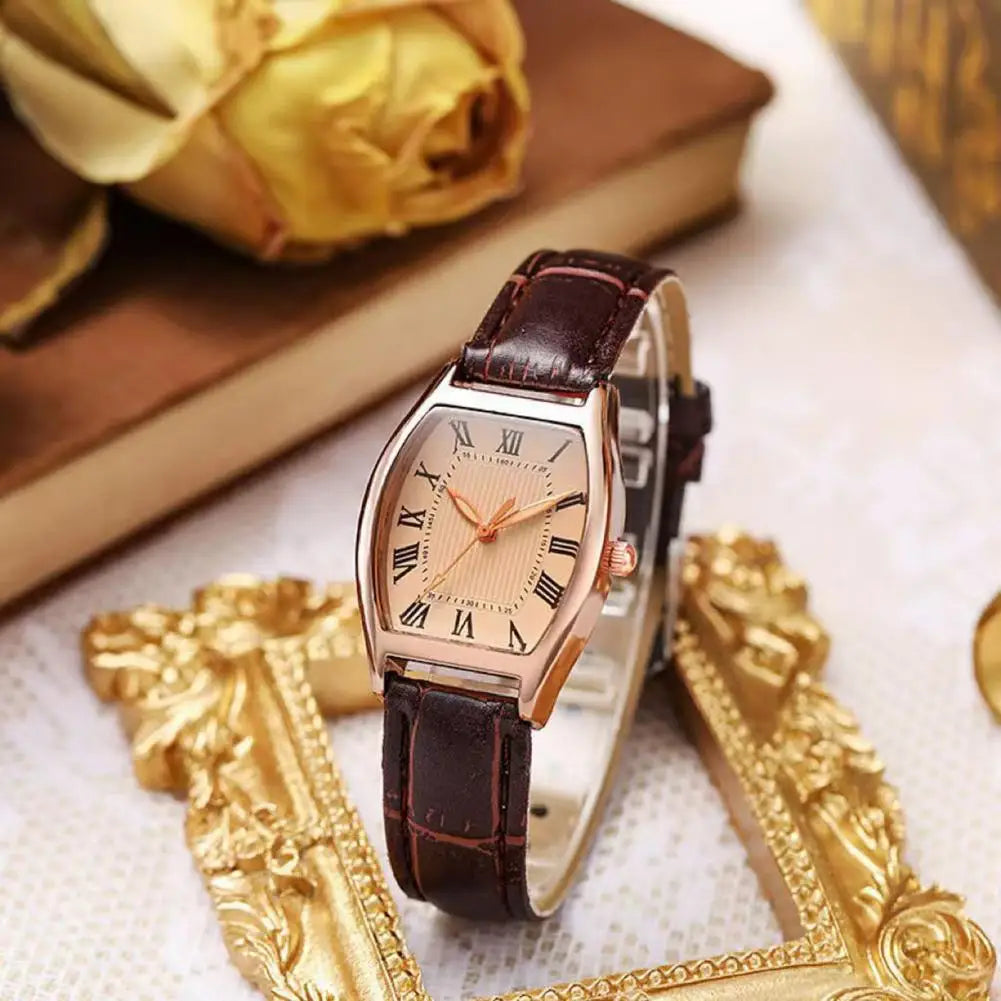 Ladies Leather Watch Retro Women Wristwatch Vintage Ladies Watch with Soft Leather Strap Elegant Barrel Shape Dial for Office
