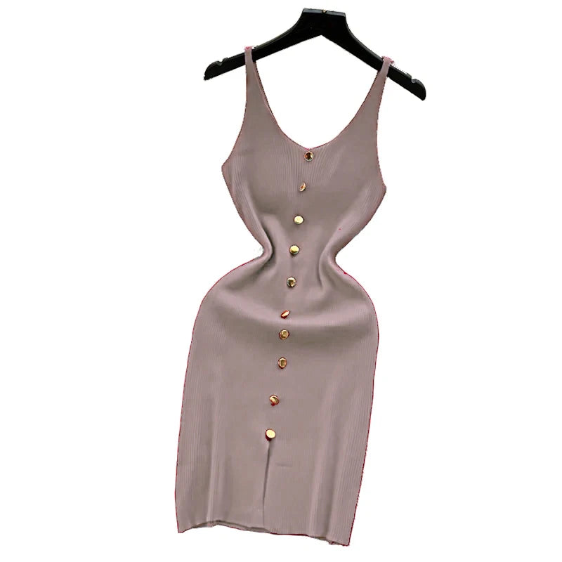 2024 Solid Button Front Spaghetti Dress Sexy Split Knit Cami Dress Bodycon Women's Clothing Outfits Split