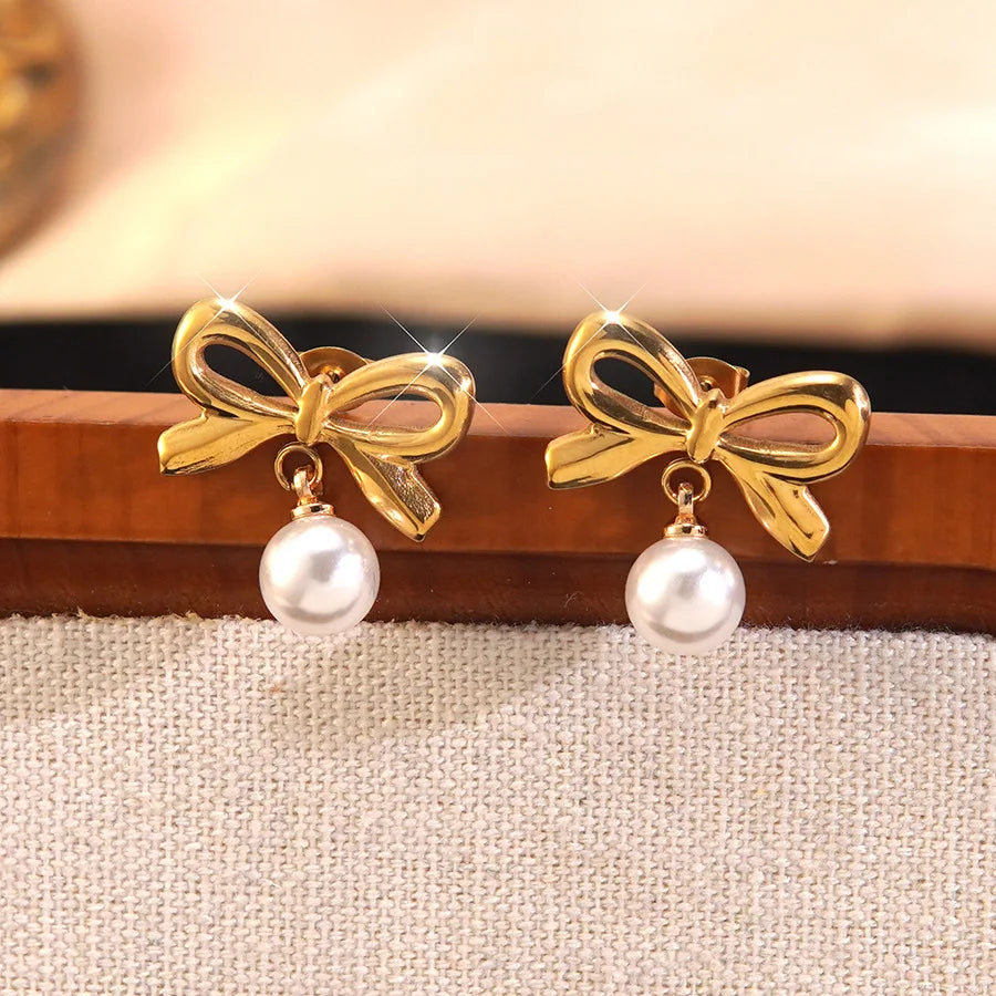 Hot Selling Stainless Steel Bow Necklace Light Luxury High-end Pearl Earrings Titanium Steel Color Non-fading Jewelry