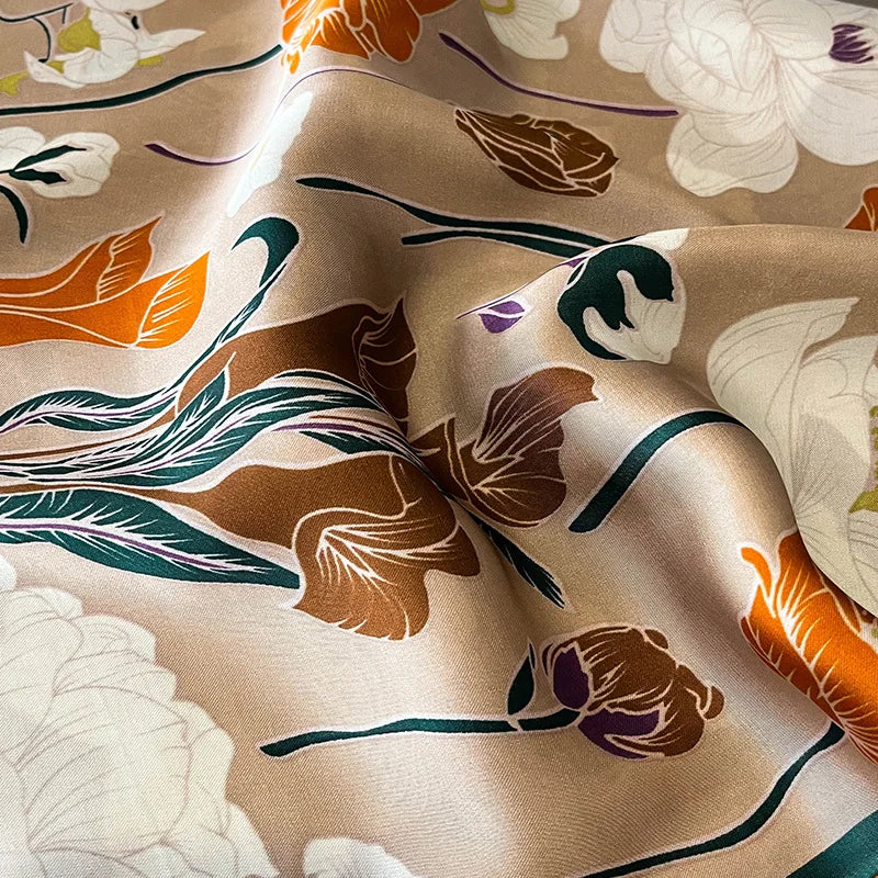 27.5" Elegant Floral Print Satin Square Scarf for Women Soft Lightweight Shawl Neck Accessory Headband Sun Protection Scarf
