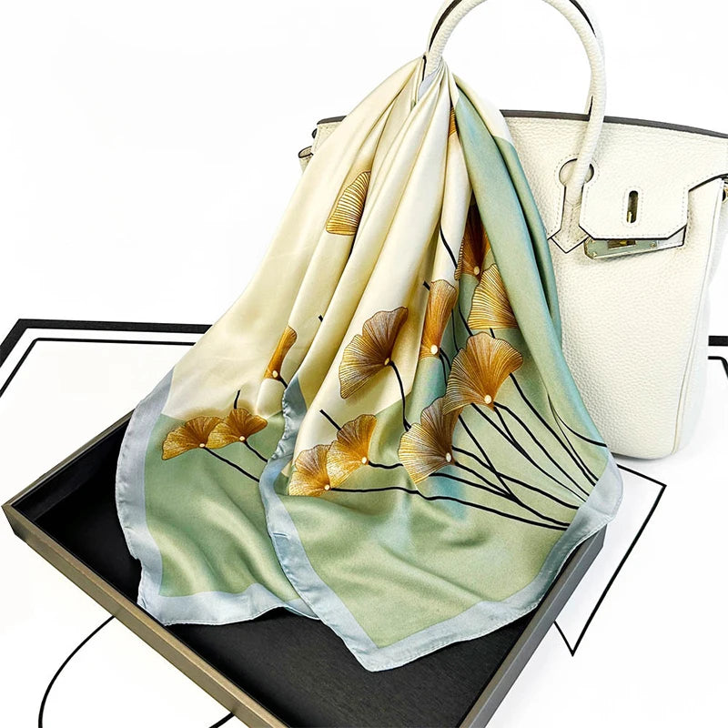 68cm Ginkgo Leaf Printed Scarf Women's Model Emulated Silk Plant Printed Scarfs Fashion Versatile Clothes Bag Accessories Scarf