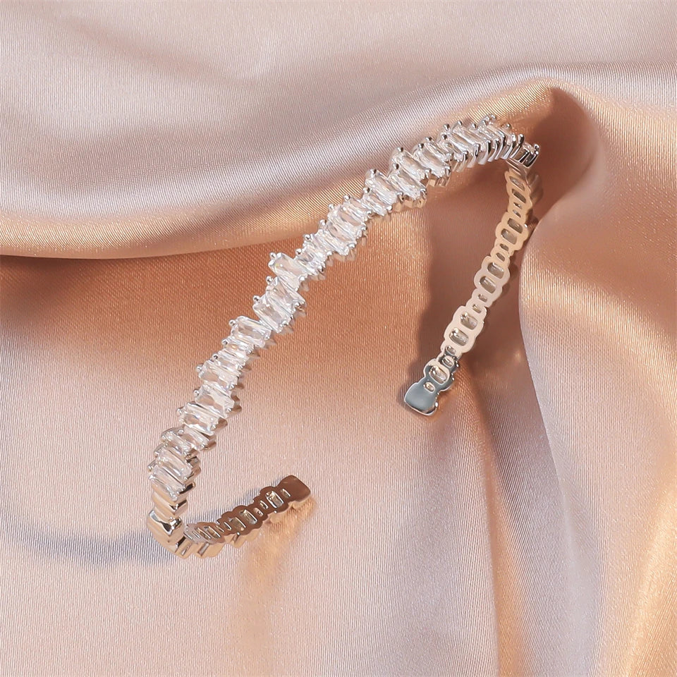 ZAKOL Fashion Cubic Zirconia Decor Cuff Bangle For Women Trapezoidal Zircon Bracelets Party Banquet Wedding Gift