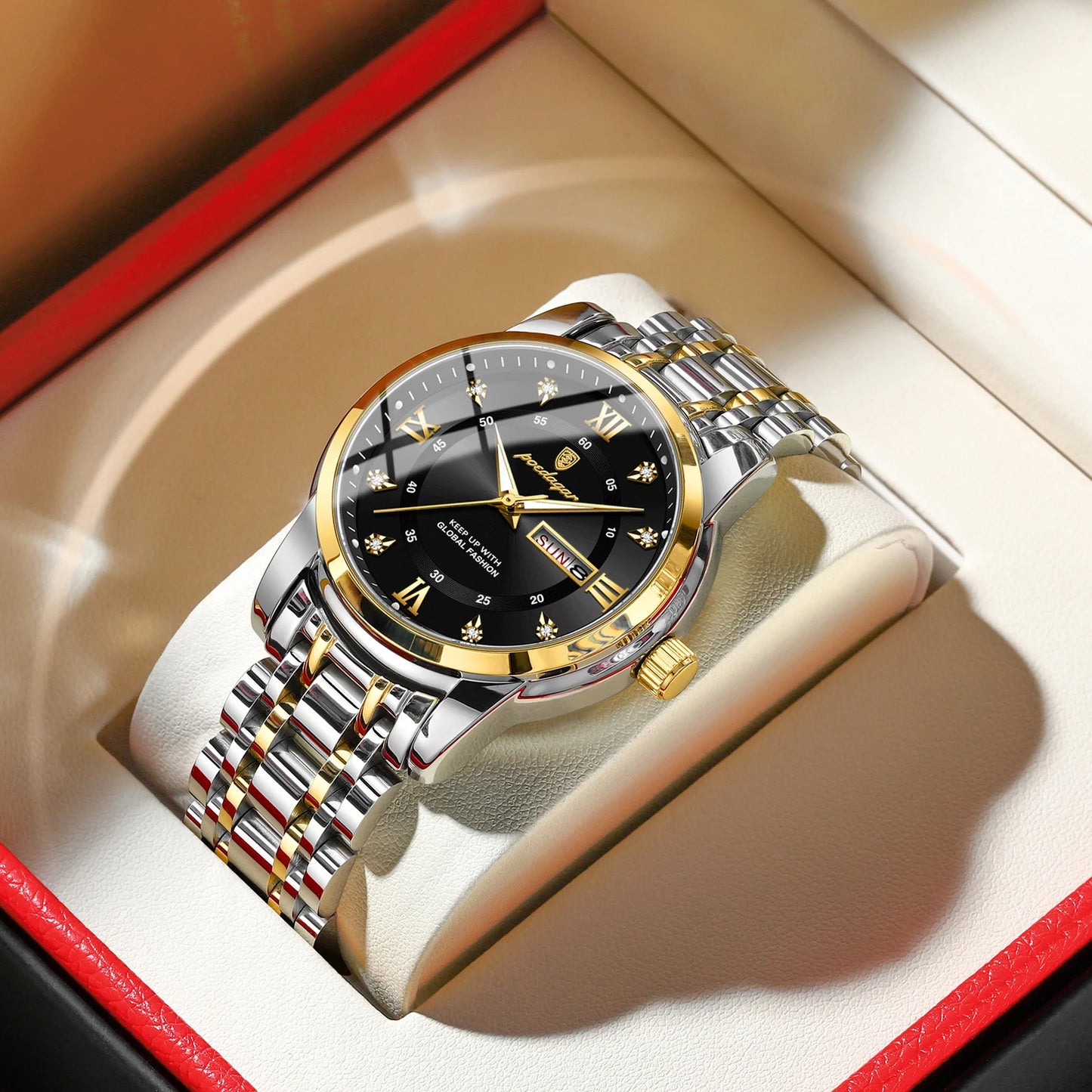 POEDAGAR Fashion Business Men's Quartz Watch Date Week Stainless Steel Man Wristwatch Waterproof Luminous Luxury Watches for Men