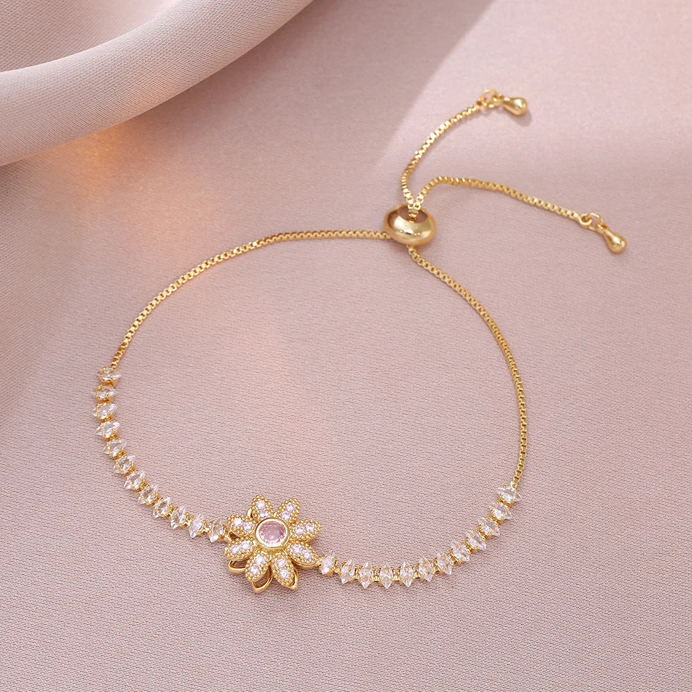 Rotatable Zircon Flower Necklace Earrings Ring Bracelet for Women Luxury Sweet Daisy Flower Jewelry Sets Accessories Gifts