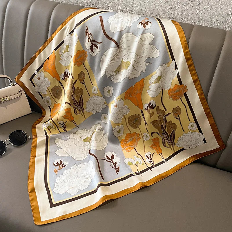27.5" Elegant Floral Print Satin Square Scarf for Women Soft Lightweight Shawl Neck Accessory Headband Sun Protection Scarf