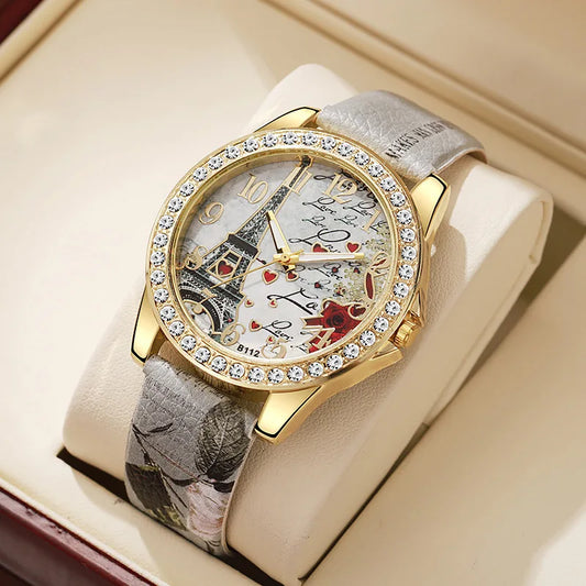 Fashion Large Dial Ladies Quartz Watch Romantic Eiffel Tower Design Women Leather Clock Gift Dress Watches