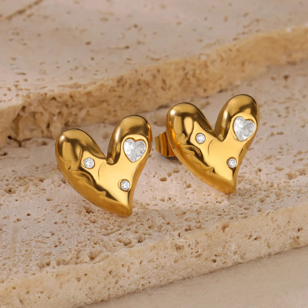 Stainless Steel Gold Plated Heart Shaped Set Zircon Stud Earrings for Women Delicate Hoops Earring Wedding Party Jewelry Gifts