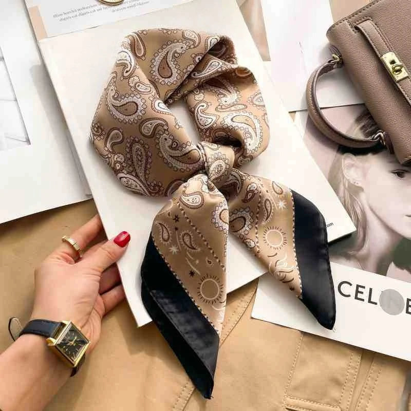 Fashion 70cm Green Print Square Silk Scarf Women Satin Neck Scarves Wrap Headkerchief Beach Hair Band Women's Bandana