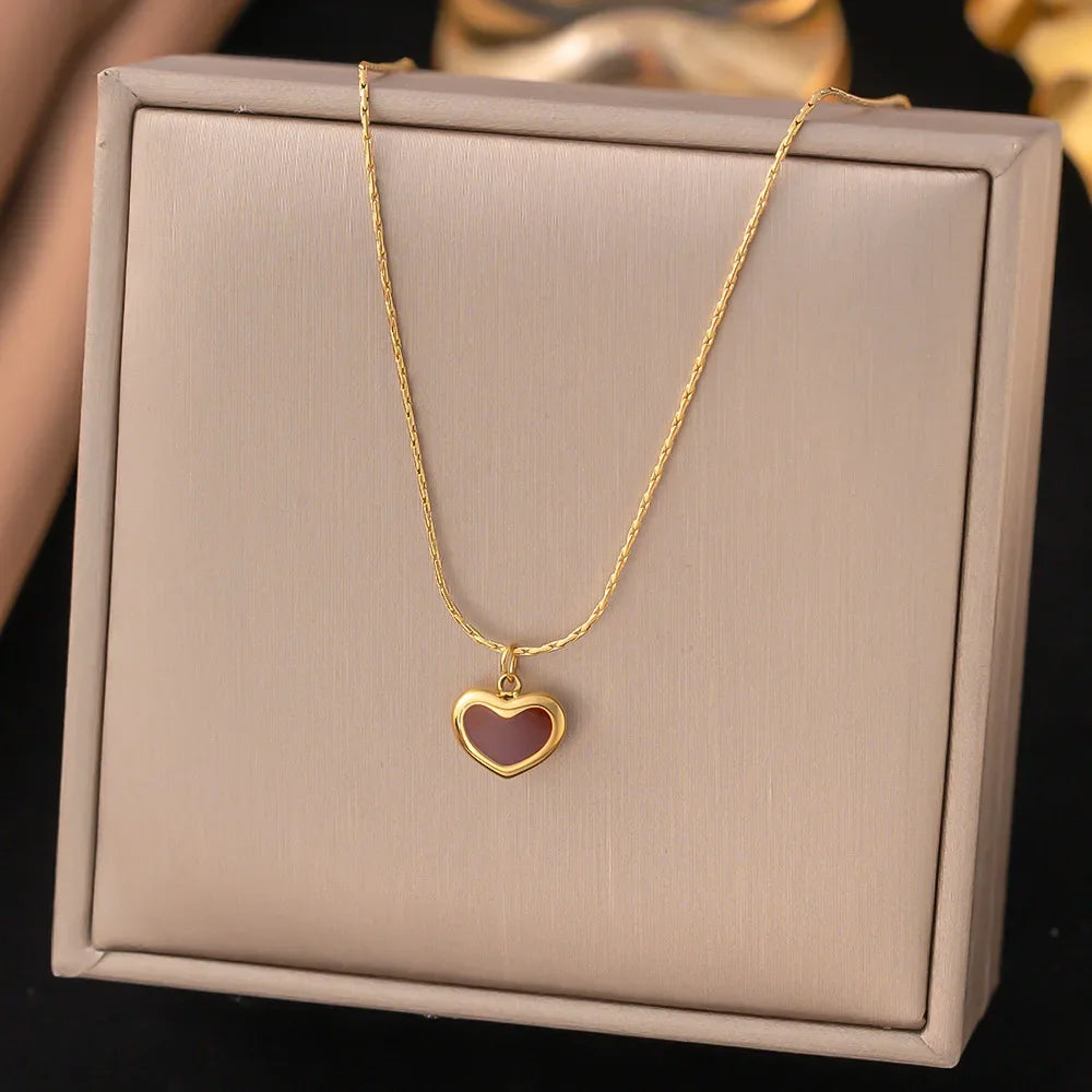 Stainless Steel Red Love Heart Pendant Necklace Earrings Jewelry Set For Women Girls Gold Color Chain Accessories Birthday Gifts