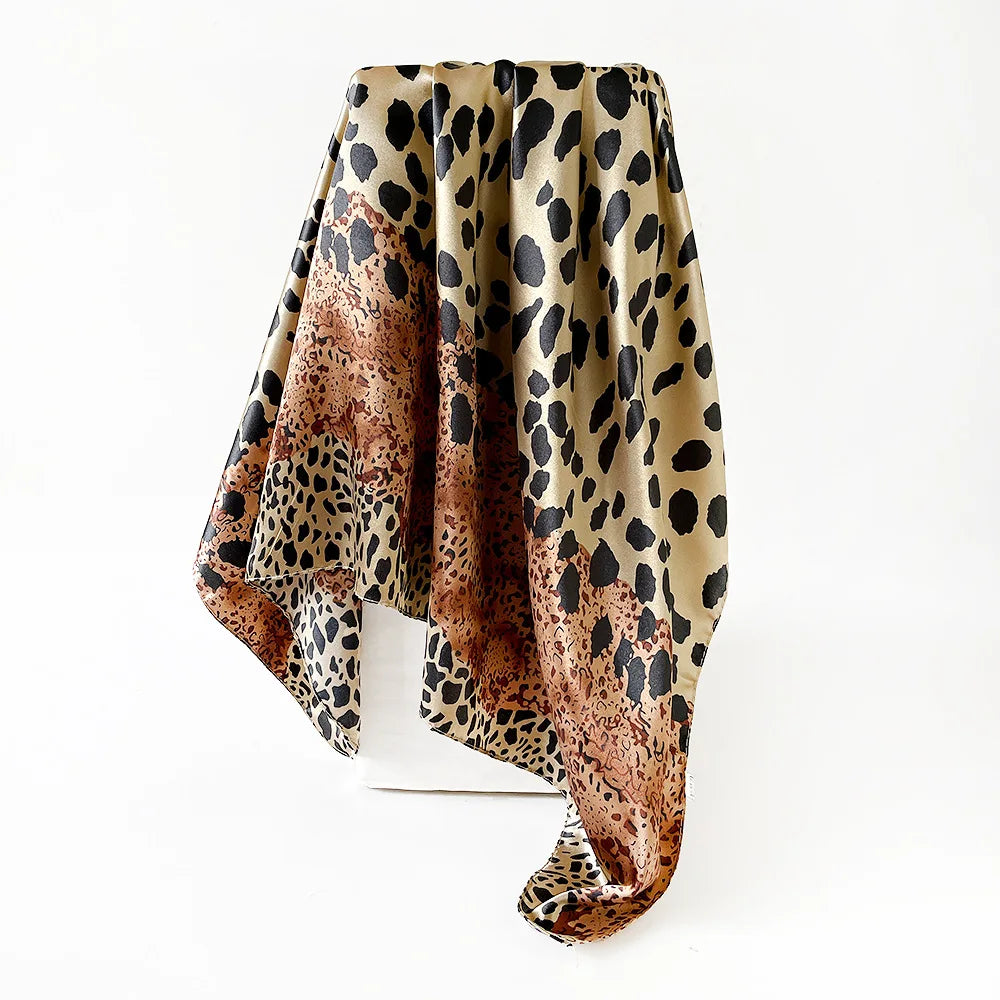 Leopard Print Square Scarf Stitching Color 90cm Satin Square Scarf Arab Trend Shawl Scarf Ladies Headscarf Hair Accessories